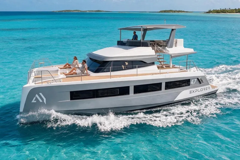 The Image of Aventura 47 Trawler 2027 cruising in turquoise waters with passengers relaxing on deck. - 5