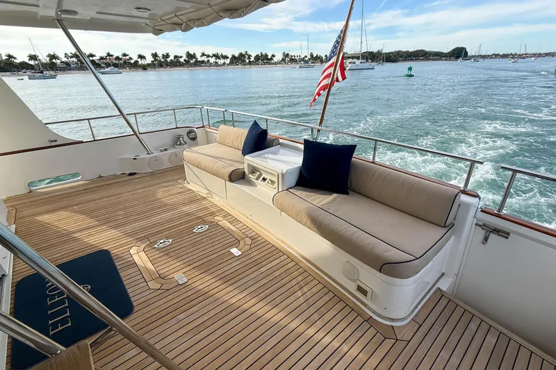 Slide: The Image of Luxurious 2003 Grand Banks 64 Aleutian RP yacht deck with seating, ocean view, and American flag. - 7