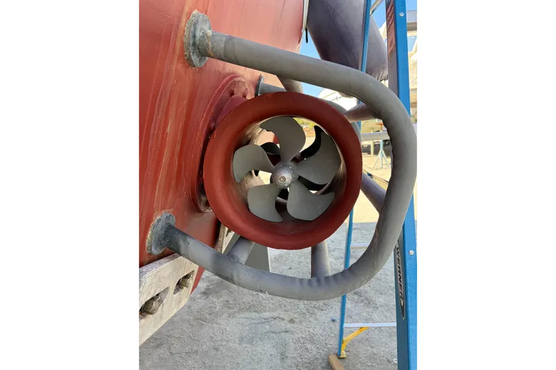 Slide: The Image of Close-up of a 2003 Grand Banks 64 Aleutian RP boat propeller and thruster. - 88