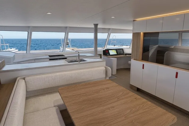 Slide: The Image of Modern NEEL 48 yacht interior with ocean view, featuring sleek design and spacious seating, 2027 model. - 3