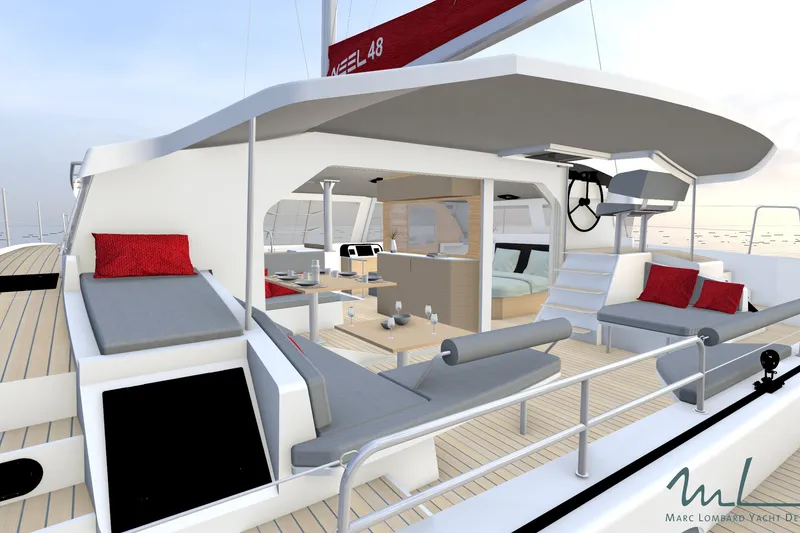 Slide: The Image of Luxurious NEEL 48 yacht interior with modern seating, dining area, and helm, 2027 model. - 6