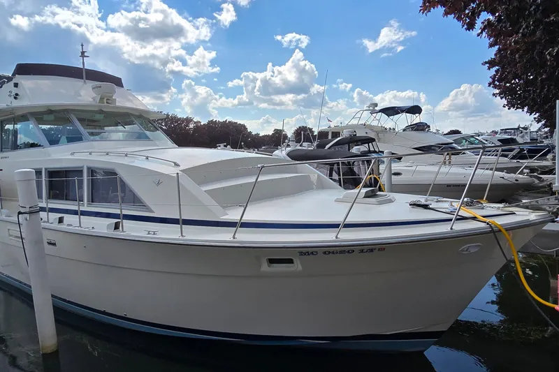 The Image of 1984 Bertram 42 Flybridge Motor Yacht docked under a partly cloudy sky. - 0