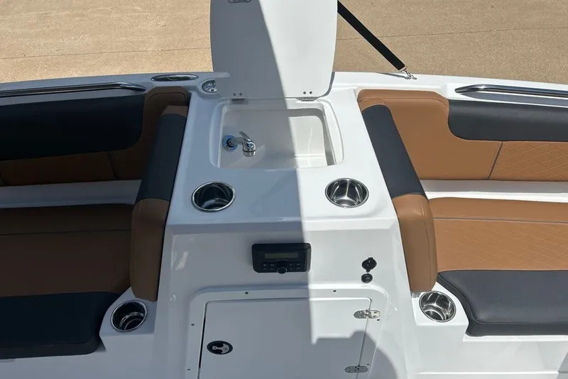 Slide: The Image of Interior of 2027 Tahoe 2150 boat with seating and cup holders. - 6
