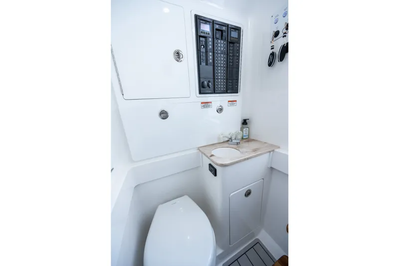 Slide: The Image of Valhalla V-37 2026 boat interior with modern bathroom and control panel. - 43
