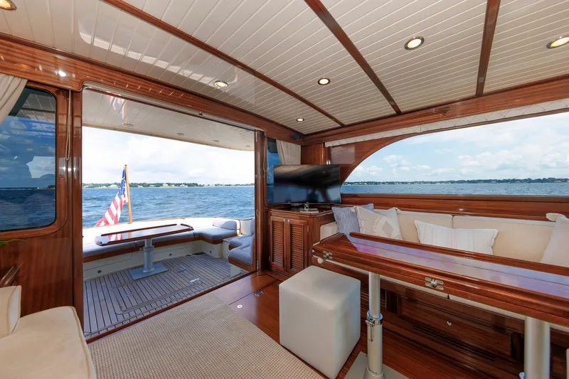 Slide: The Image of Luxurious 2010 Vicem 64 yacht interior with elegant wood finish and ocean view. - 51