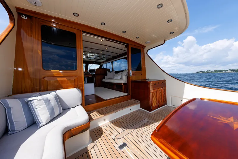 Slide: The Image of Luxurious 2010 Vicem 64 yacht interior with elegant wood finish and ocean view. - 38