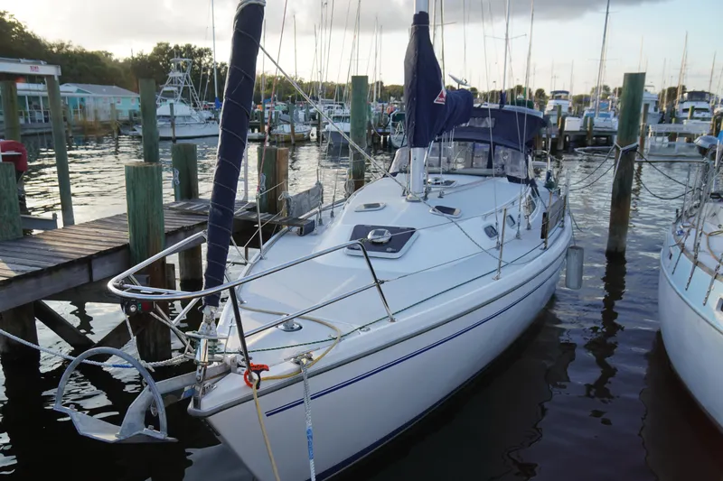 Slide: The Image of Catalina 36 MkII sailboat docked at marina, 2000 model, with clear skies. - 1