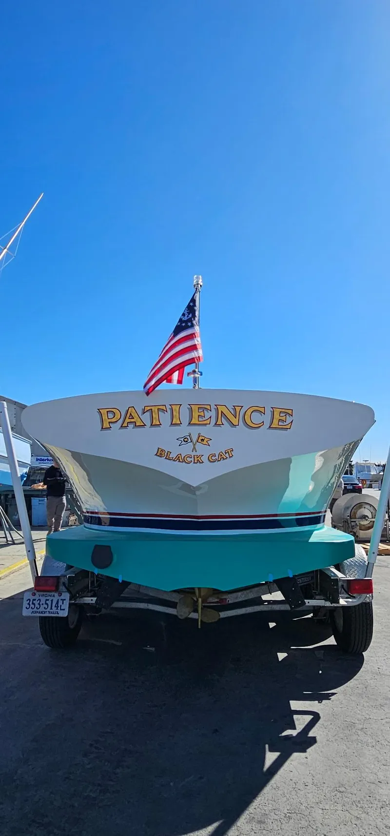 Slide: The Image of Custom M27 boat named "Patience" with American flag, docked under clear blue sky. - 30