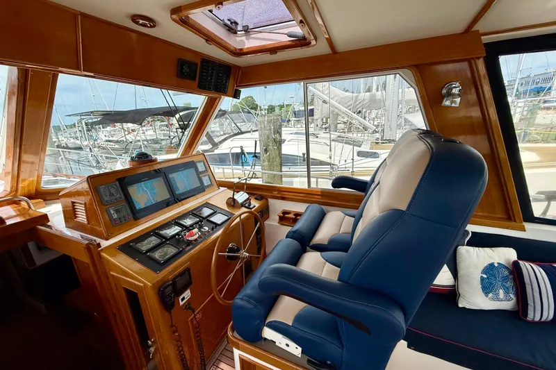 Slide: The Image of Interior helm of 2001 Grand Banks 49 Eastbay HX yacht with navigation equipment. - 58