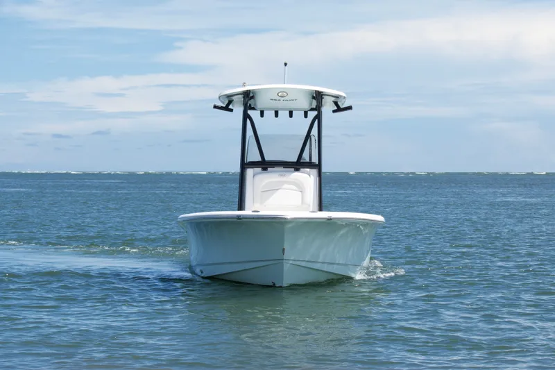 Slide: The Image of 2024 Sea Hunt BX22BR boat cruising on open water under a clear sky. - 4