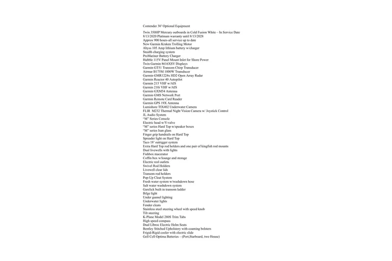 Slide: The Image of 2019 Contender 30 ST boat specifications and optional equipment list. - 25