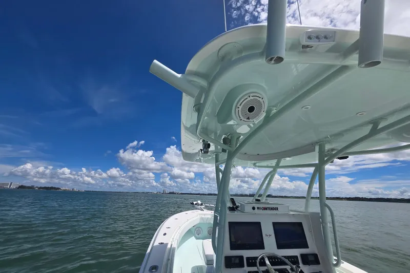 Slide: The Image of 2019 Contender 30 ST boat on open water under clear blue sky. - 49