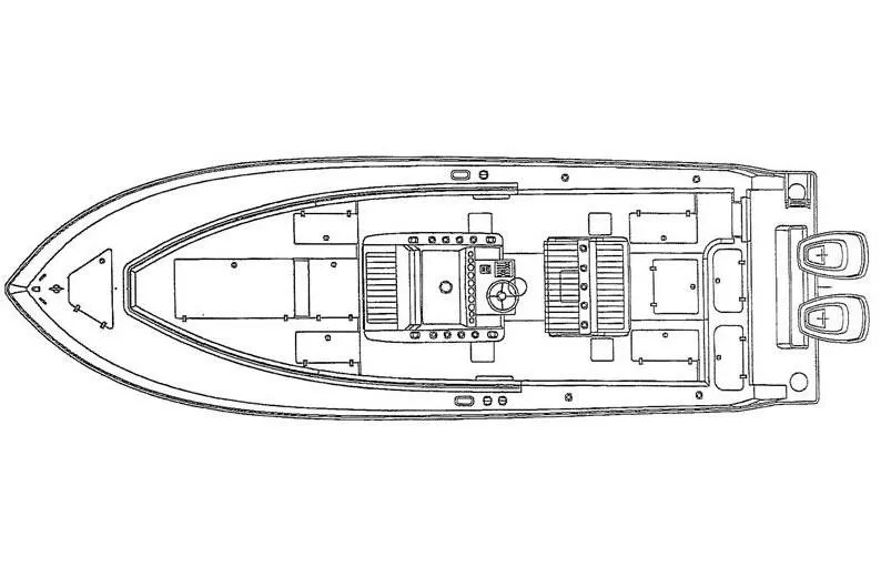 Slide: The Image of Manufacturer Provided Image: Top view schematic of a 2019 Contender 30 ST boat layout. - 6
