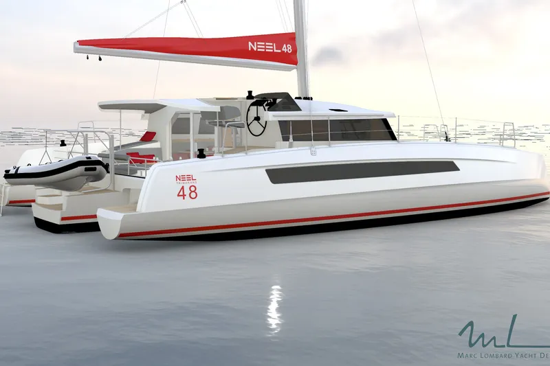 Slide: The Image of NEEL 48 trimaran yacht, 2027 model, with red accents and sleek design on calm water. - 16