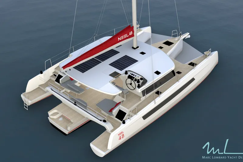 Slide: The Image of Modern NEEL 48 trimaran yacht with solar panels, spacious deck, and sleek design, 2027 model. - 12