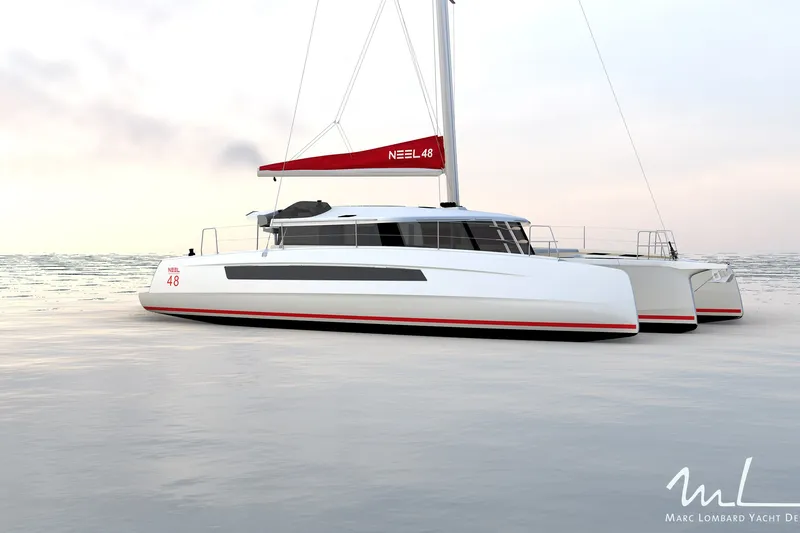 Slide: The Image of Modern NEEL 48 trimaran yacht on calm waters, featuring sleek design and red accents, model year 2027. - 13