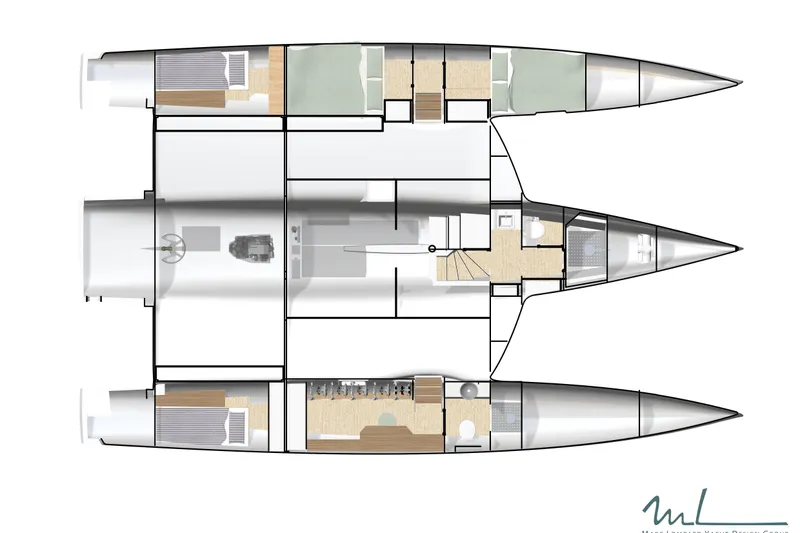 Slide: The Image of Floor plan of NEEL 48 trimaran yacht, 2027 model, showcasing interior layout and design. - 9