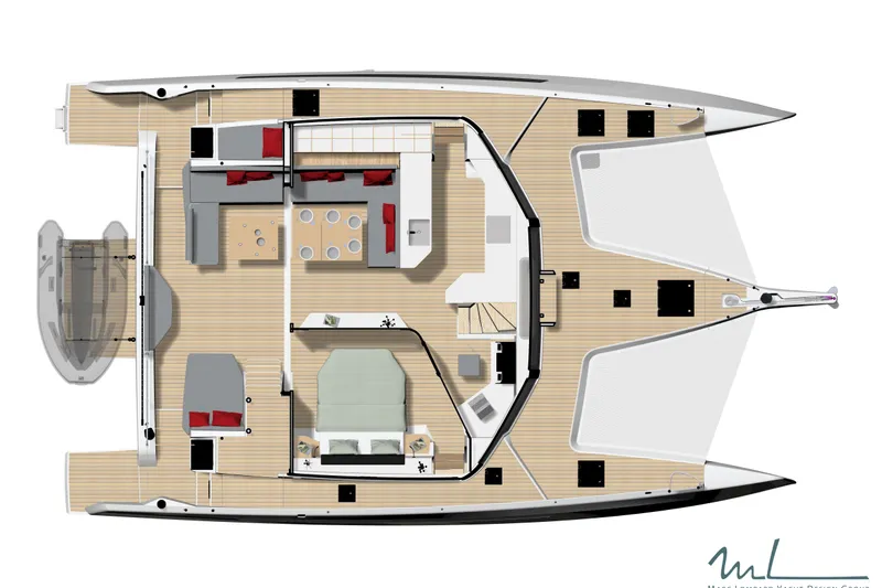 Slide: The Image of Top view of NEEL 48 yacht interior layout, featuring spacious living and sleeping areas, 2027 model. - 10