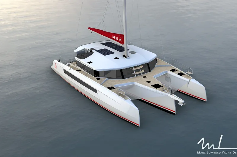 Slide: The Image of Modern NEEL 48 trimaran yacht on calm water, showcasing sleek design and spacious deck. - 14
