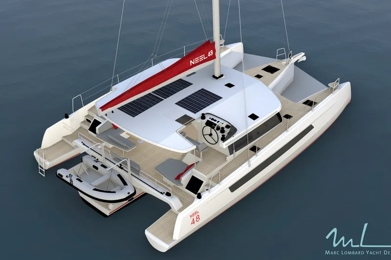 The Image of Modern NEEL 48 trimaran yacht with solar panels, spacious deck, and tender boat, 2027 model. - 11