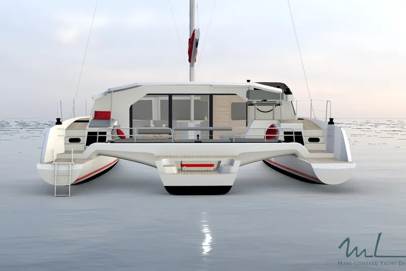 Slide: The Image of Modern NEEL 48 trimaran yacht on calm waters, showcasing sleek design and spacious deck. - 15