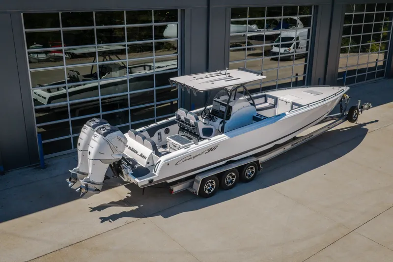 Slide: The Image of 2019 Concept 36' Cuddy Cabin boat with dual engines on a trailer. - 50