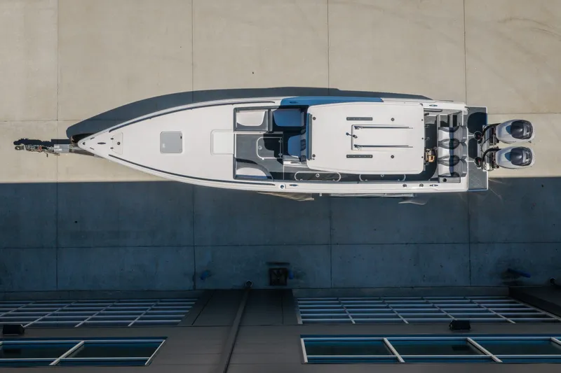 Slide: The Image of Overhead view of 2019 Concept 36' Cuddy Cabin boat on concrete surface. - 55