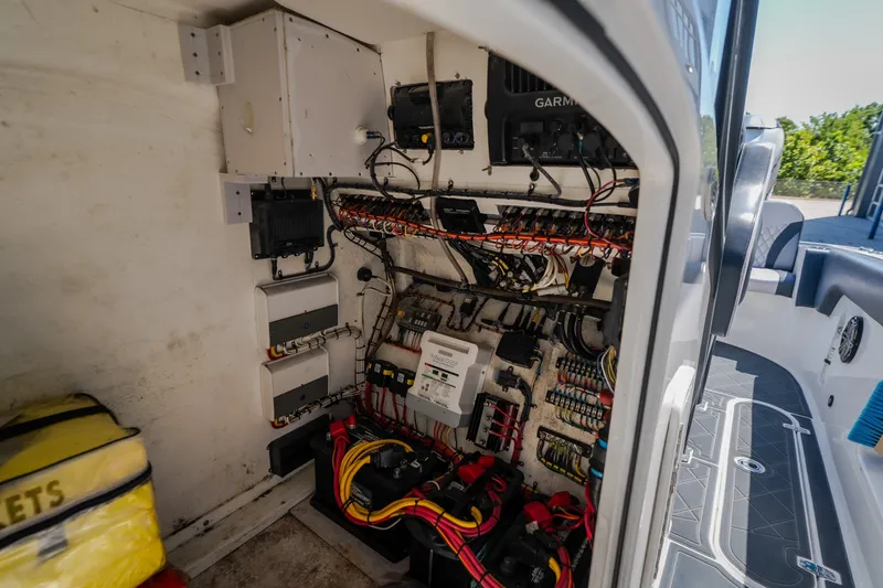 Slide: The Image of Electrical system inside 2019 Concept 36' Cuddy Cabin boat, showcasing wiring and components. - 45