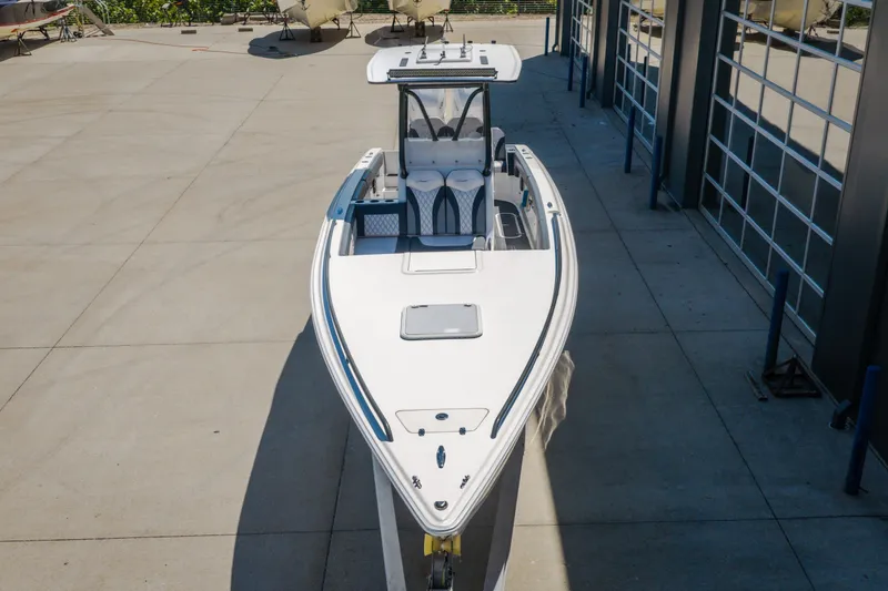 Slide: The Image of 2019 Concept 36' Cuddy Cabin boat in a marina setting, top view. - 52