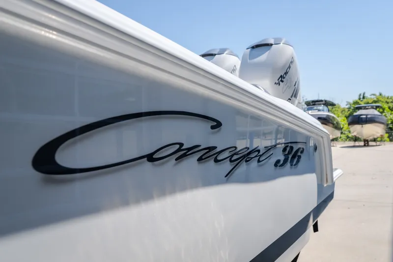 Slide: The Image of 2019 Concept 36' Cuddy Cabin boat with sleek design and powerful engines. - 8