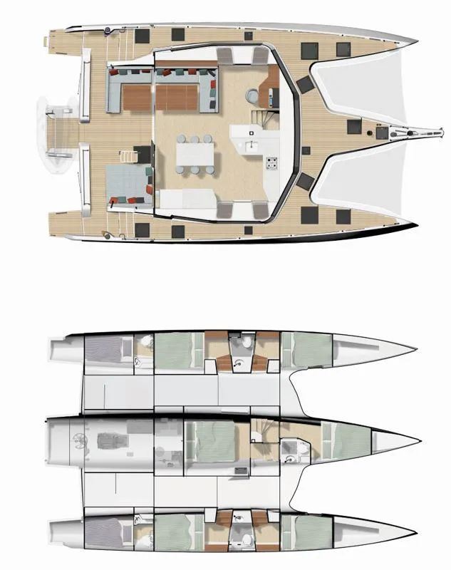 Slide: The Image of Floor plan of NEEL 52 trimaran, 2025 model, showcasing interior layout and deck design. - 23