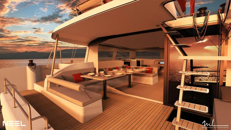 Slide: The Image of Luxurious NEEL 52 yacht interior with elegant dining area, sunset view, and modern design, 2025 model. - 20
