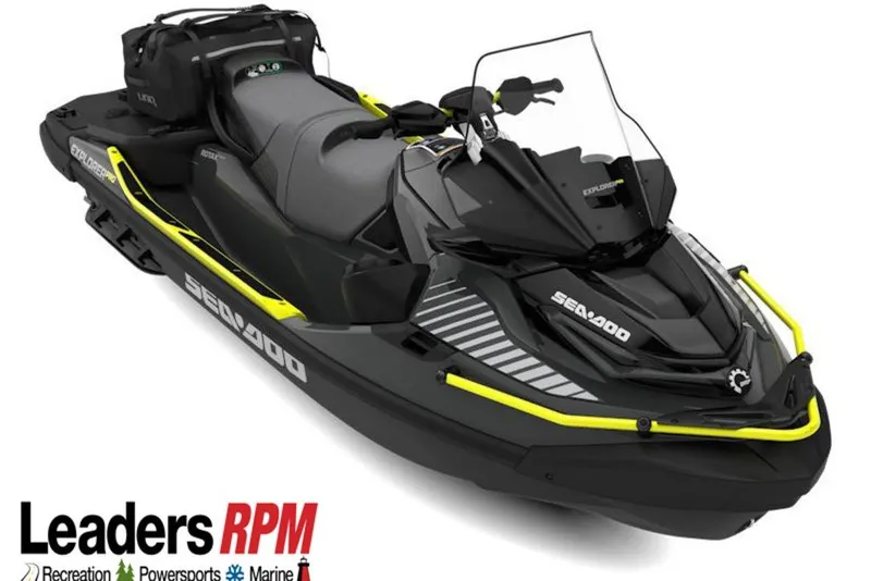 The Image of 2027 Sea-Doo Explorer Pro 170 jet ski, black with yellow accents, displayed at Leaders RPM. - 0