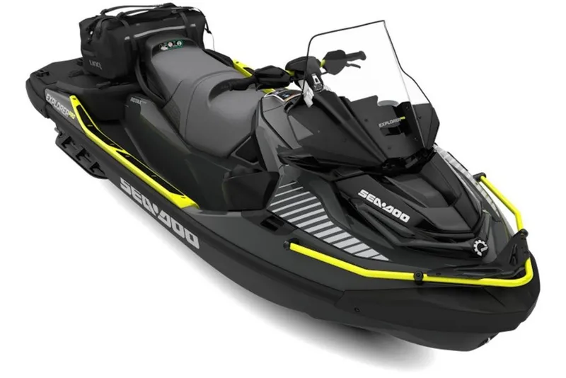 The Image of 2027 Sea-Doo Explorer Pro 170 jet ski, black with yellow accents, side view. - 1