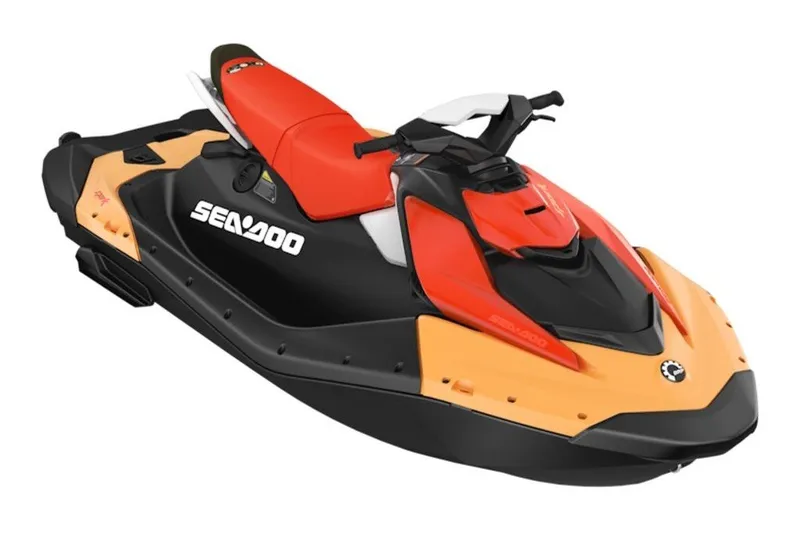 The Image of 2027 Sea-Doo Spark for 3, vibrant red and orange design, side view. - 1