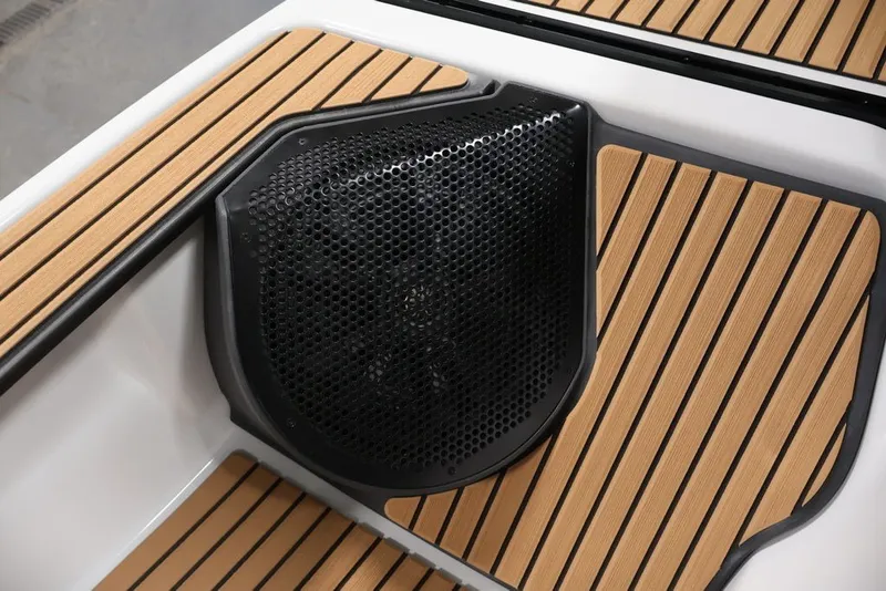 Slide: The Image of 2027 Yamaha WaveRunner Crosswave speaker with sleek wood paneling design. - 6