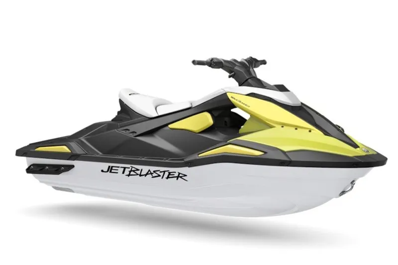 The Image of 2027 Yamaha WaveRunner JetBlaster in black, white, and yellow, side view. - 1