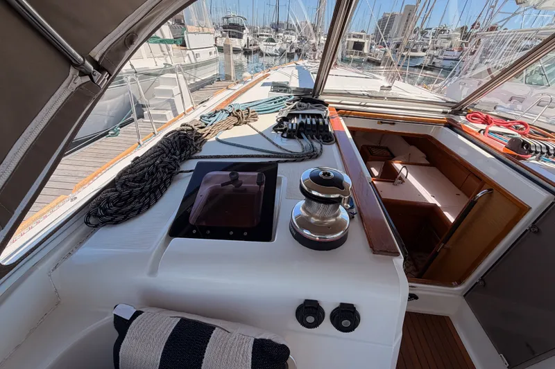 Slide: The Image of Cockpit view of 2014 Jeanneau Sun Odyssey 509 sailboat docked at marina. - 49