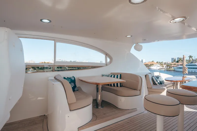 Slide: The Image of Luxurious 2004 Lazzara 106 yacht deck with elegant seating and scenic marina view. - 15
