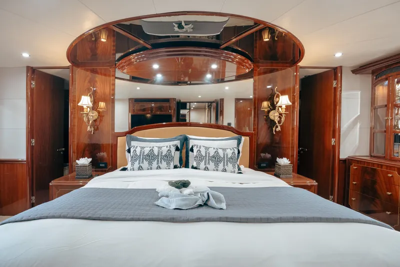 Slide: The Image of Luxurious bedroom interior of 2004 Lazzara 106 yacht with elegant wood finishes and plush bedding. - 36