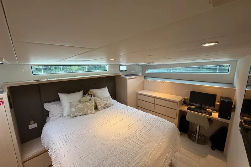 Slide: The Image of Luxurious bedroom interior of 2023 Longreach 58 Expedition yacht with modern decor and workspace. - 54
