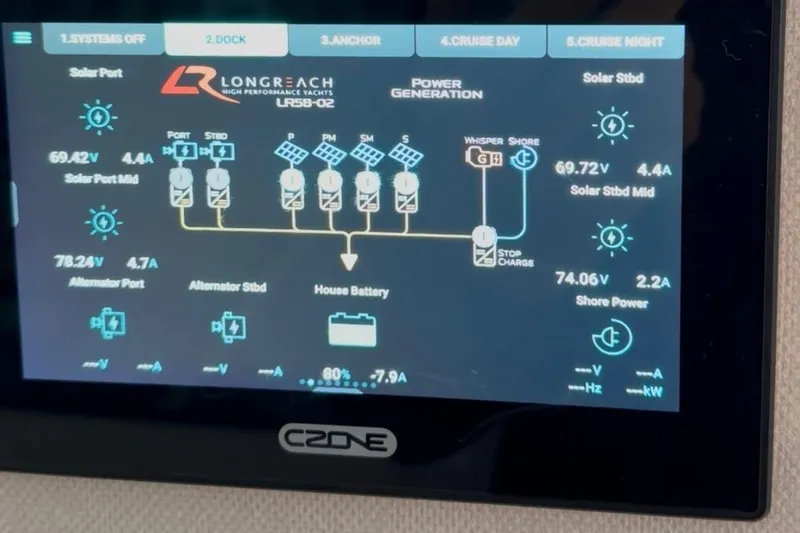 Slide: The Image of Touchscreen display showing Longreach 58 yacht power generation system with solar and battery status. - 76