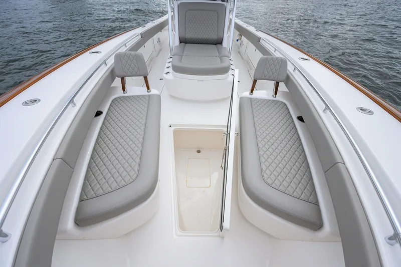 Slide: The Image of Luxurious 2022 Valhalla V-37 boat interior with elegant seating and spacious deck design. - 55