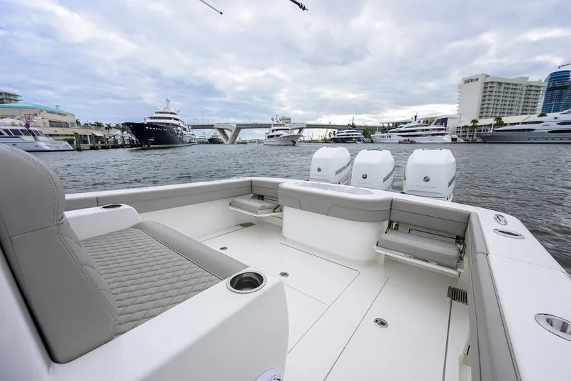 Slide: The Image of Valhalla V-37 boat interior, 2022 model, with luxurious seating and powerful engines. - 20
