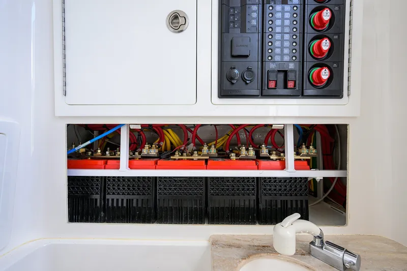 Slide: The Image of Electrical panel and battery compartment of 2022 Valhalla V-37 boat. - 64