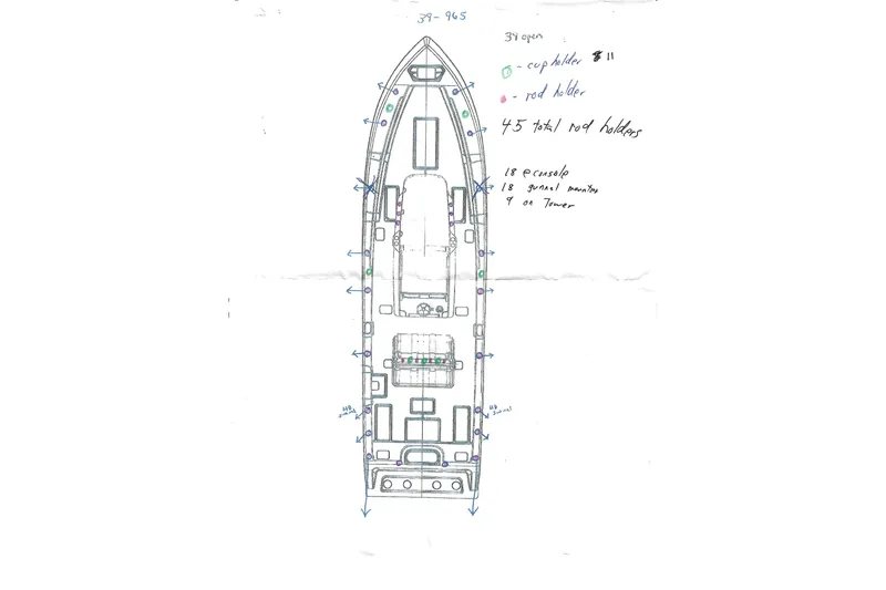 Slide: The Image of Blueprint of 2023 Invincible 39 Open Fisherman boat layout with rod and cup holder placements. - 32
