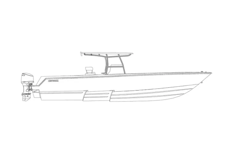 Slide: The Image of Line drawing of a 2027 Contender 39 ST boat, side profile view. - 1