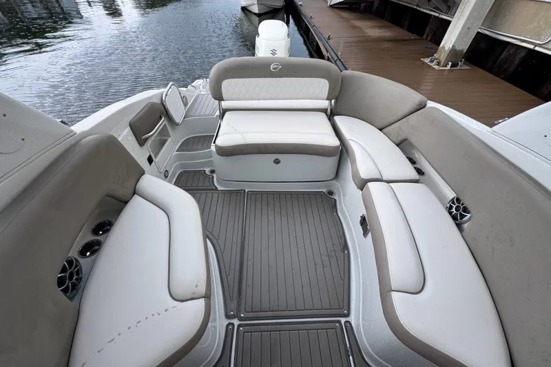 Slide: The Image of 2019 Crownline Eclipse E275 XS boat interior with spacious seating and elegant design. - 3