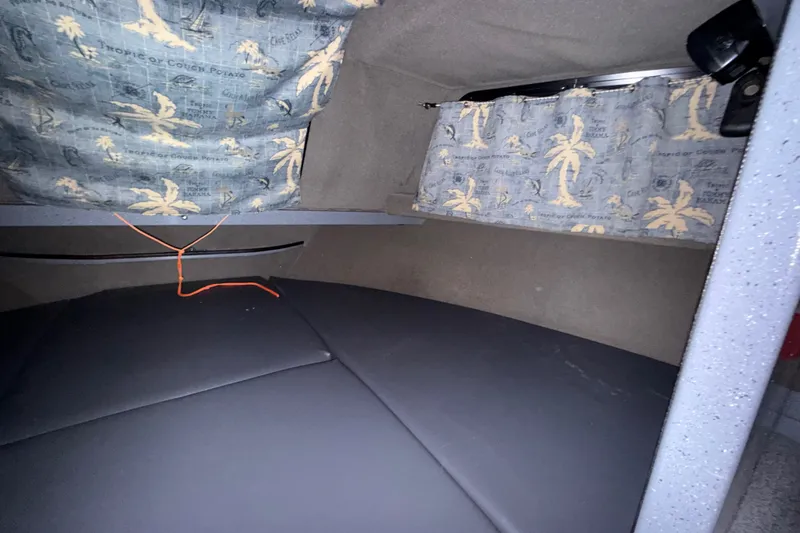 Slide: The Image of Interior cabin of 2012 Wooldridge 29 Super Sport Pilothouse with tropical-themed curtains. - 27