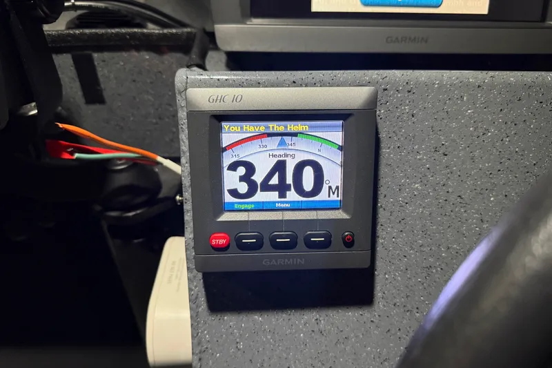 Slide: The Image of Garmin GHC 10 marine display showing heading of 340 degrees on 2012 Wooldridge boat. - 33